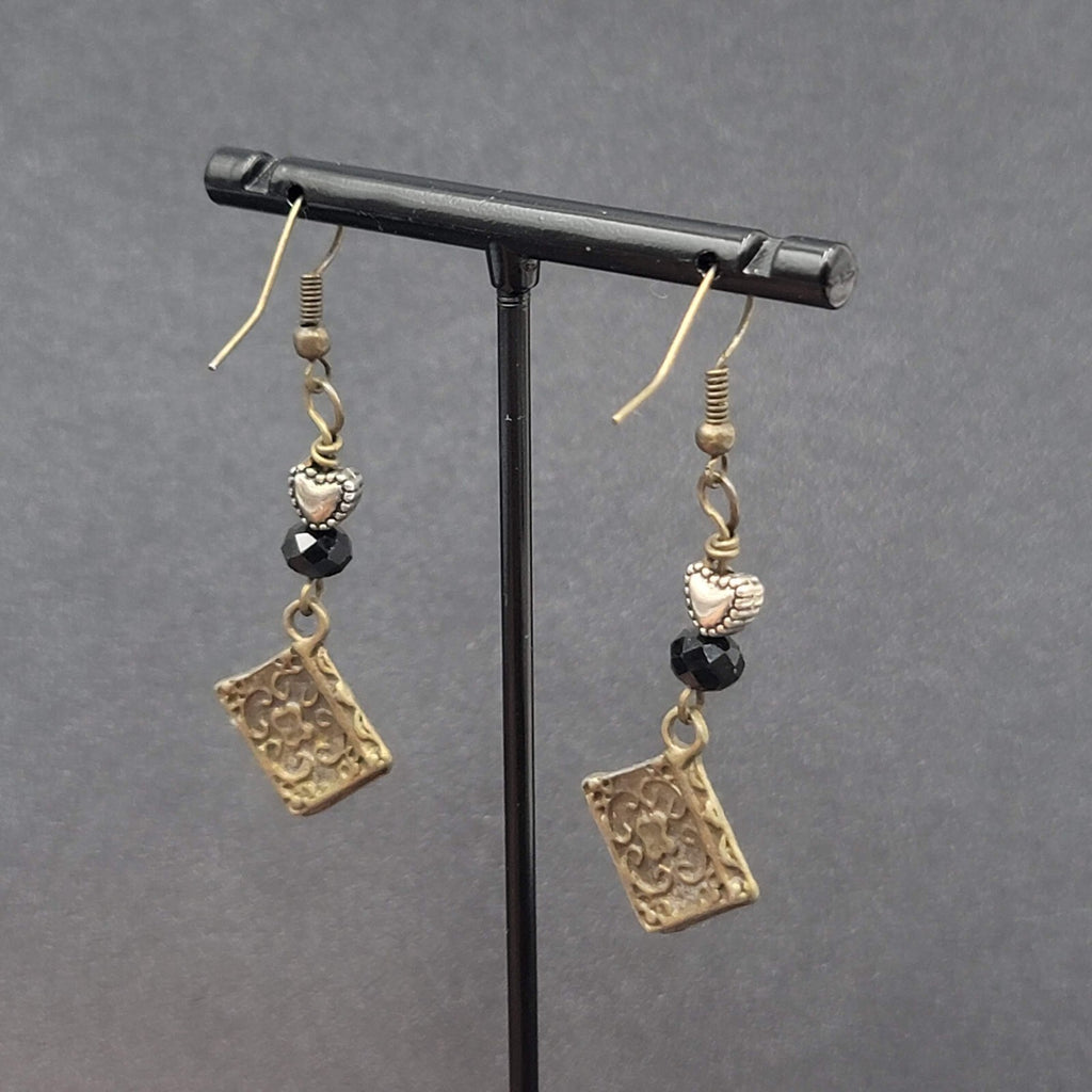 Pierced Earrings Bronze tone Heart Beaded Book Charm Dangle 1 5/8"