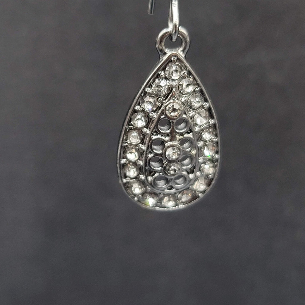 Pierced Earrings Gun Metal Gray Rhinestone Teardrop Sparkly! 2.25"