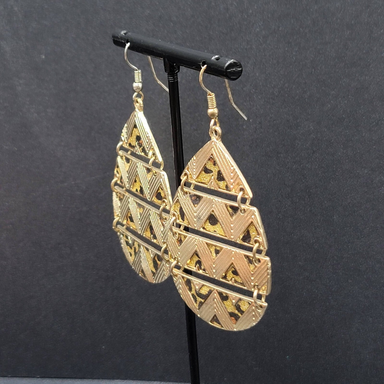 Pierced Earrings Gold tone Articulated Metal Teardrop Leopard Print Dangle 2"