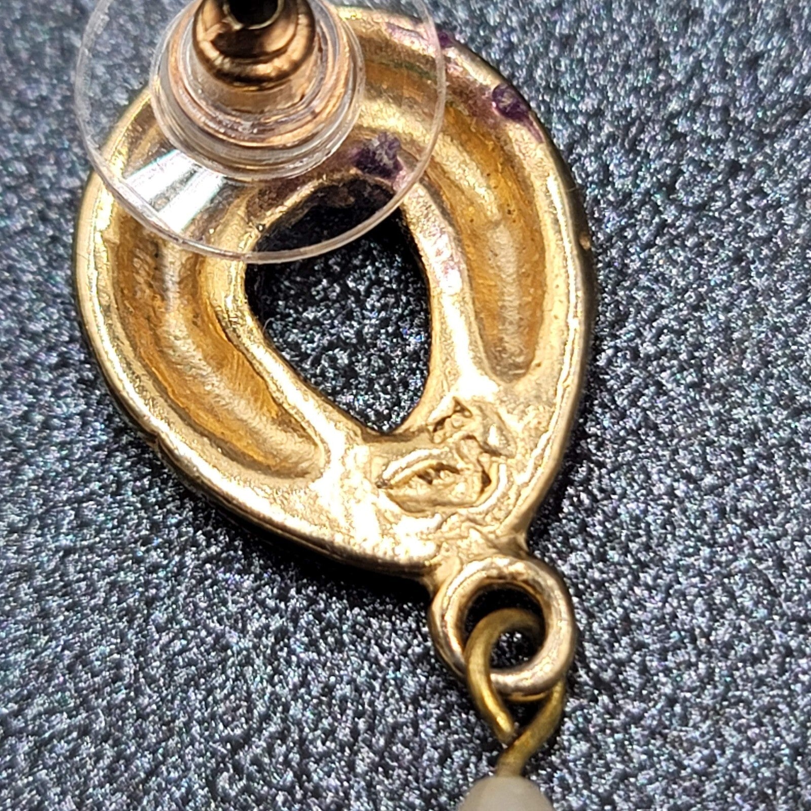 Vintage Pierced Earrings Purple Enamel Faux Pearl Teardrop Signed Dangle 1 3/8"