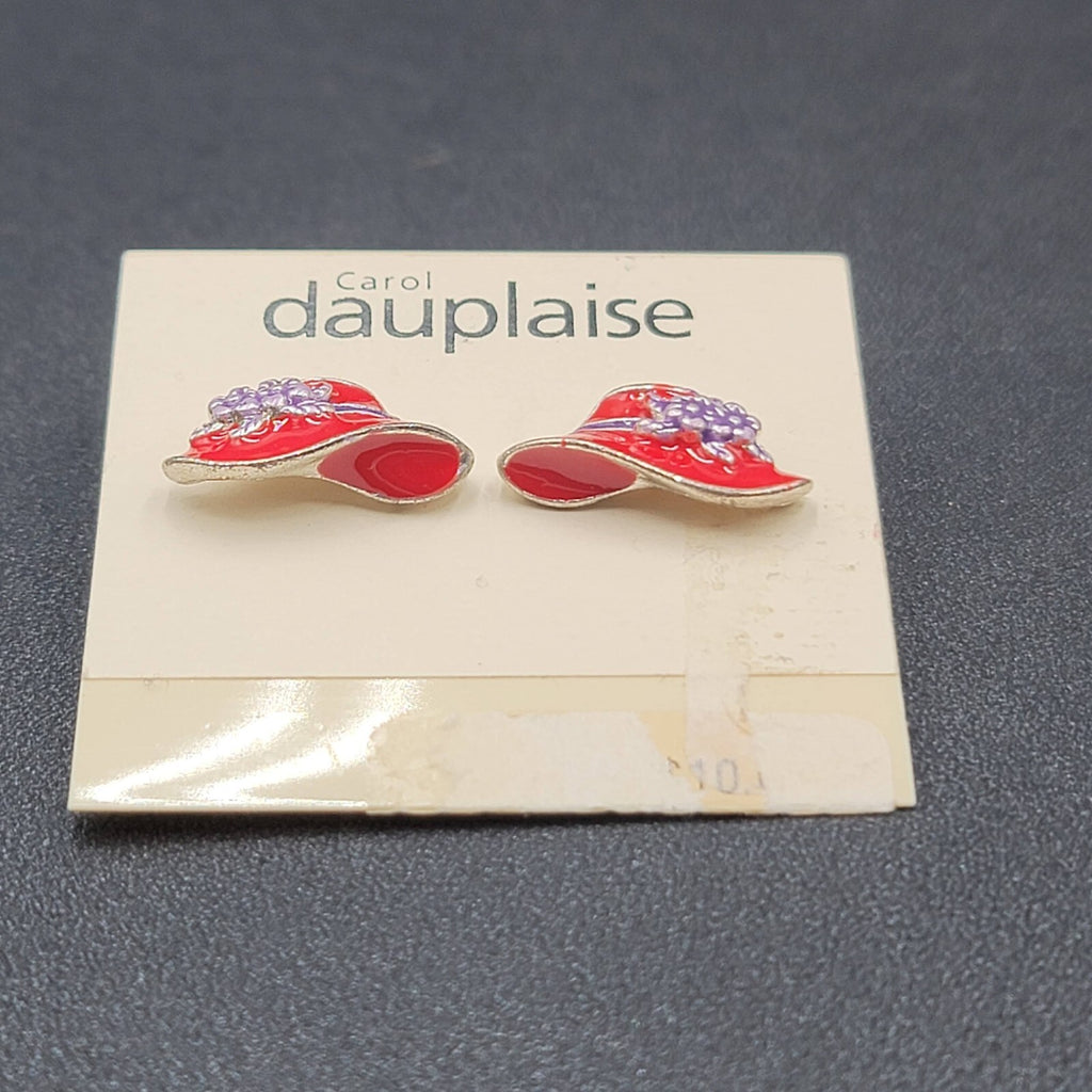 Carol Dauplaise Pierced Earrings Red Hat Society Enamel Studs 3/4"