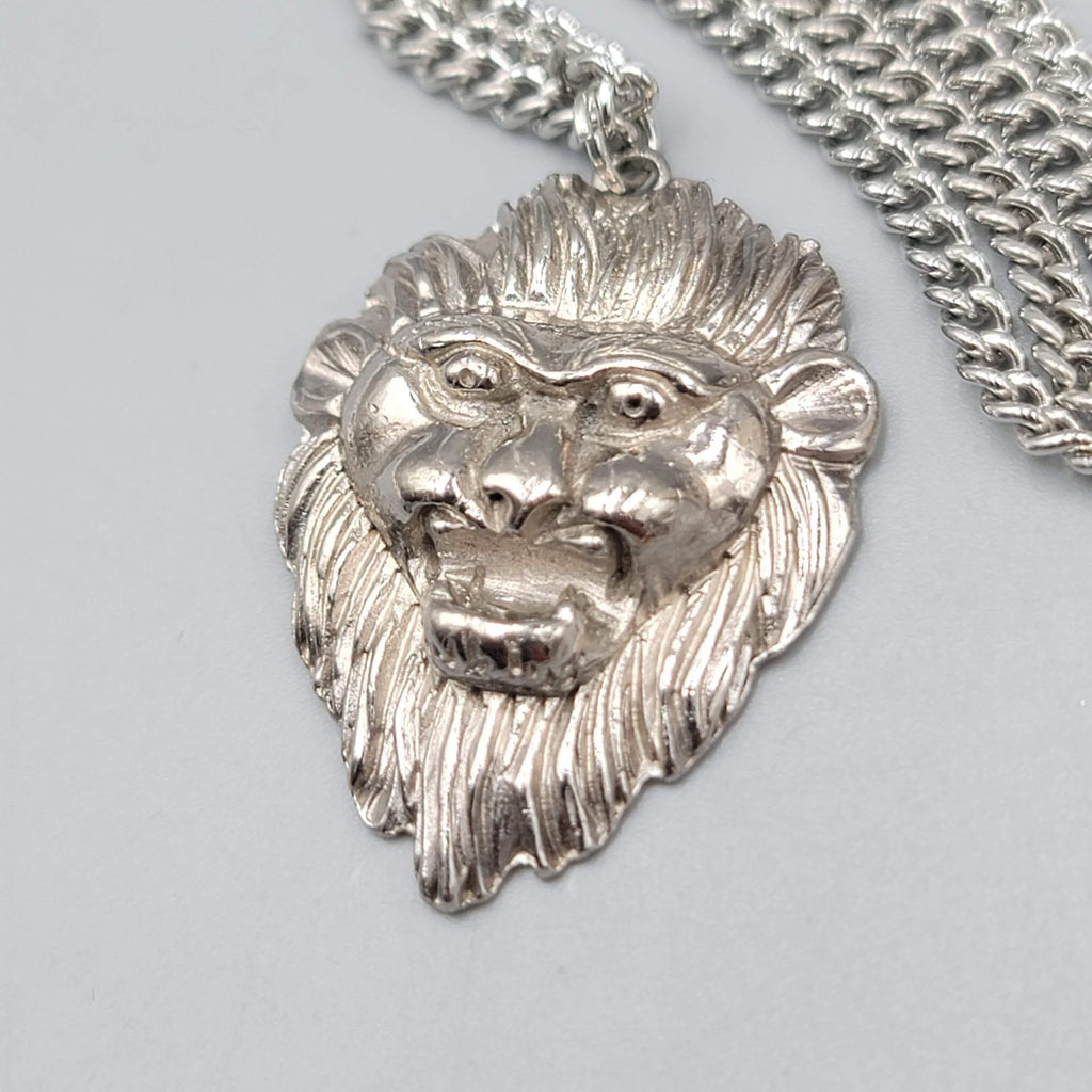Lion Head Pendant Necklace Silver Tone 24" Chain Men's Hip Hop Statement Jewelry
