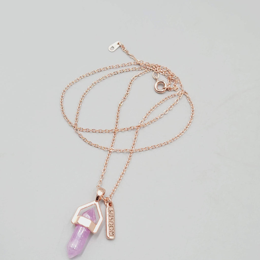 Wisdom Pendant Necklace Rose Gold tone Purple Resin 18"