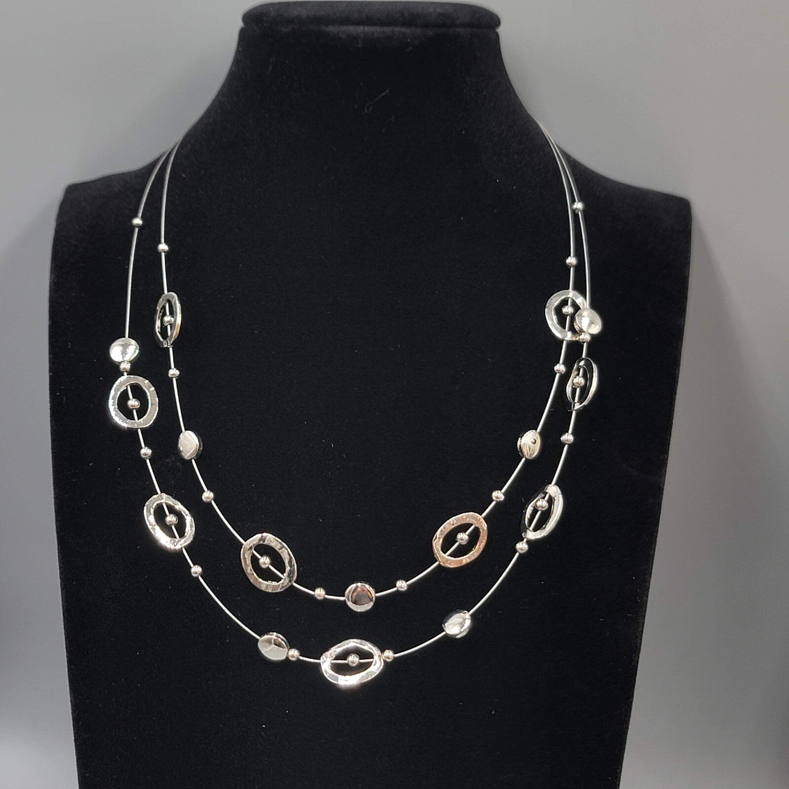 Double Chain Silver tone Necklace Station Bead 18"+