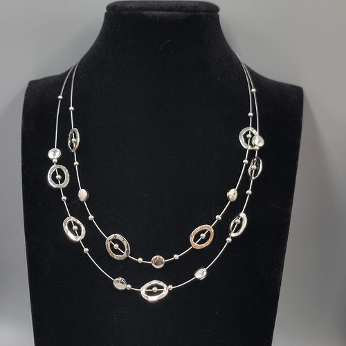 Double Chain Silver tone Necklace Station Bead 18"+