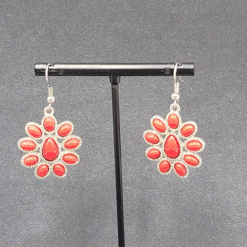 Pierced Earrings Silver tone Red Acrylic Accents 1 1/8"
