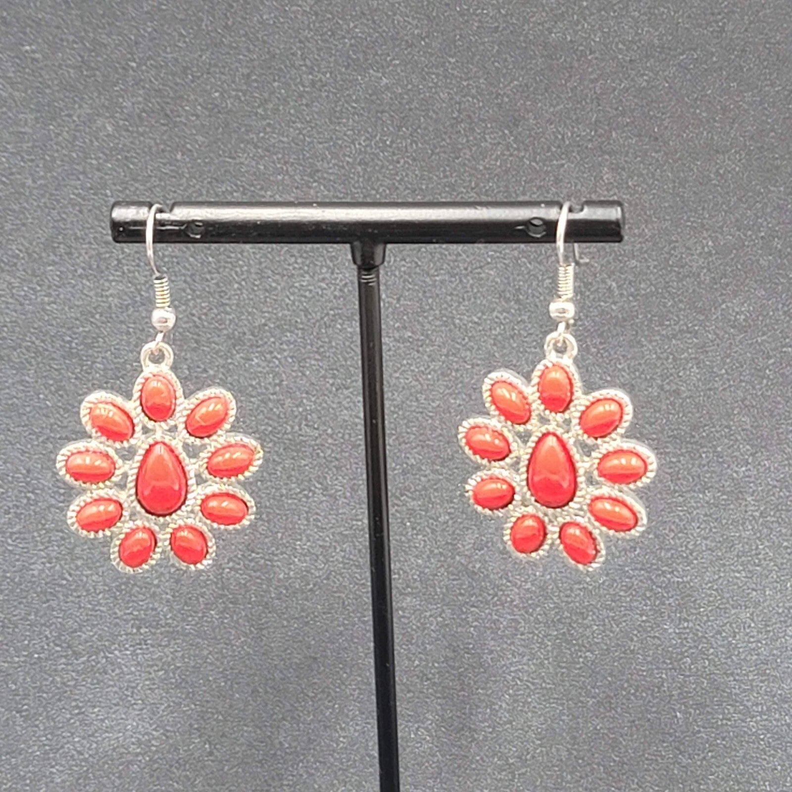 Pierced Earrings Silver tone Red Acrylic Accents 1 1/8"