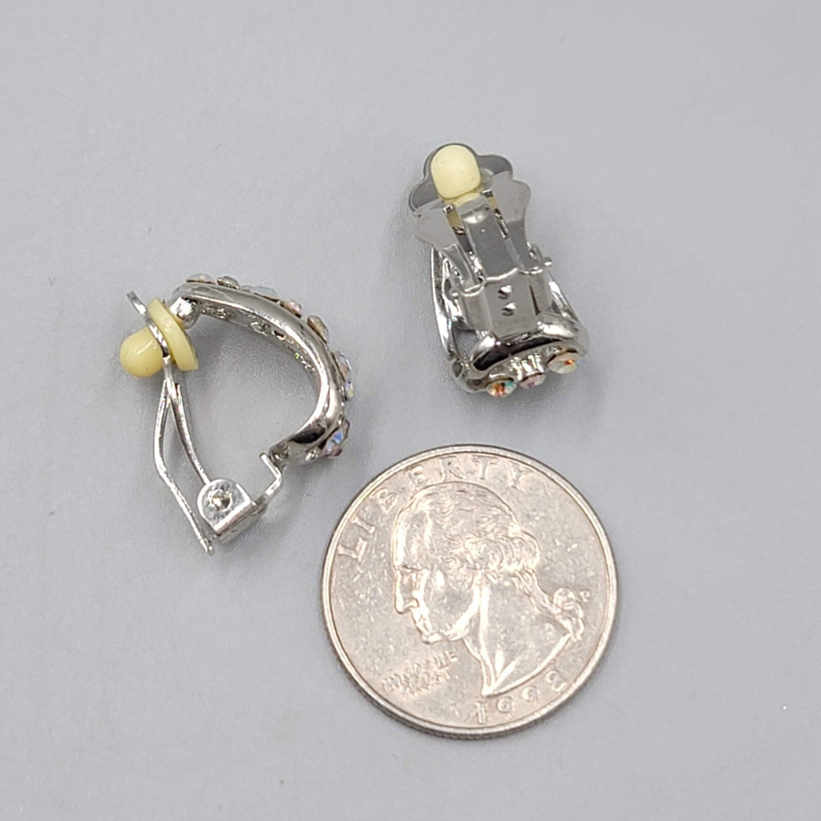 Clip on Earrings Silver tone AB Rhinestones Half Hoop Drop  3/4"