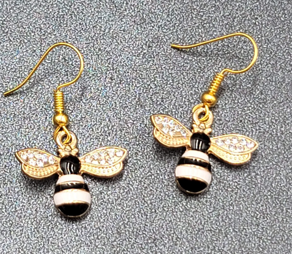 Bumble Bee Pierced Earrings Gold tone Rhinestone White Enamel Dangle New 5/8"