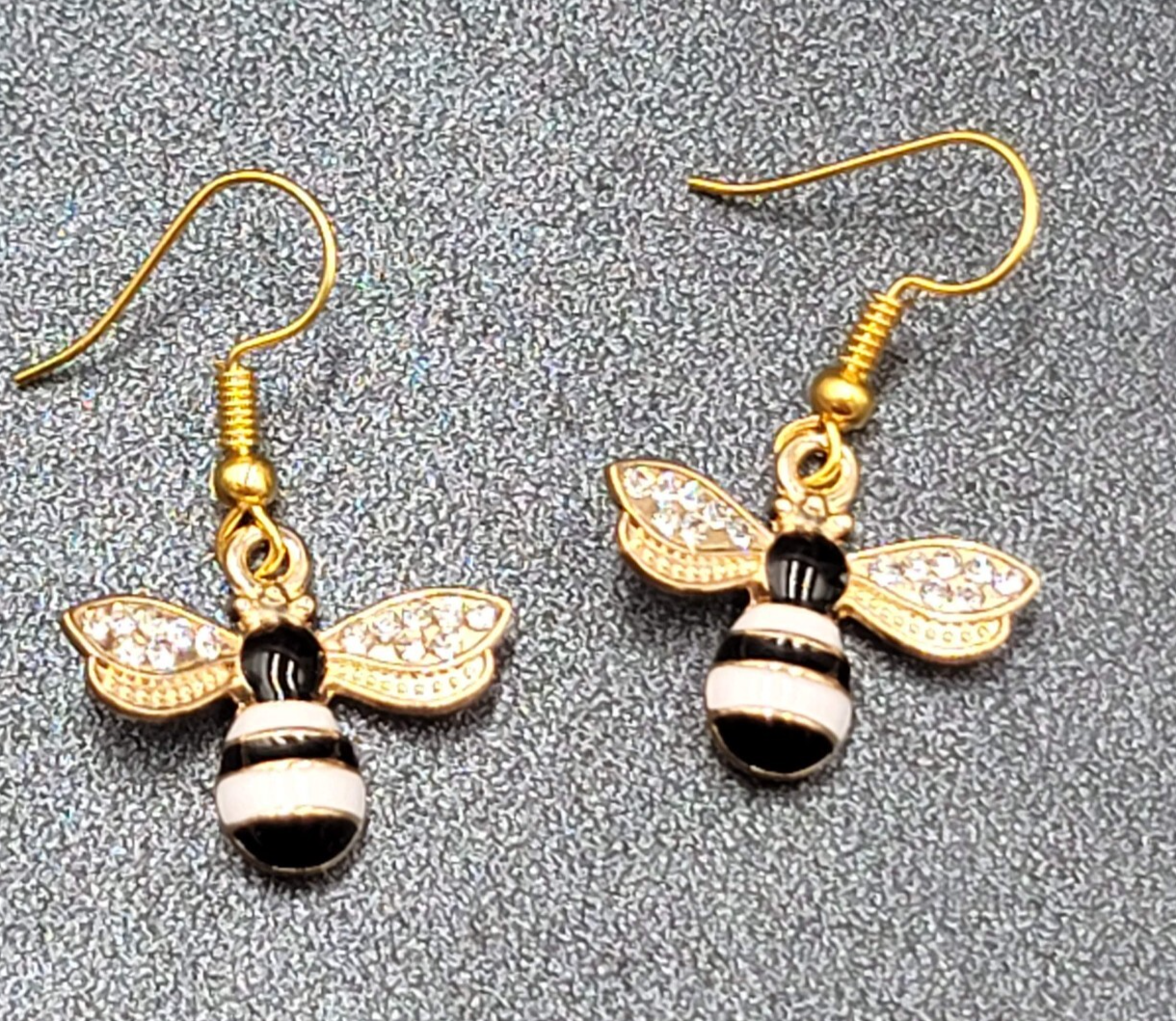 Bumble Bee Pierced Earrings Gold tone Rhinestone White Enamel Dangle New 5/8"