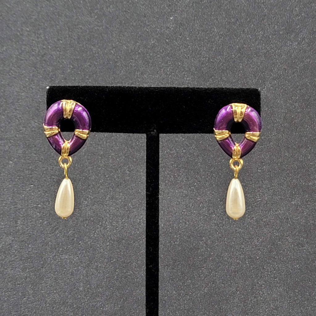 Vintage Pierced Earrings Purple Enamel Faux Pearl Teardrop Signed Dangle 1 3/8"