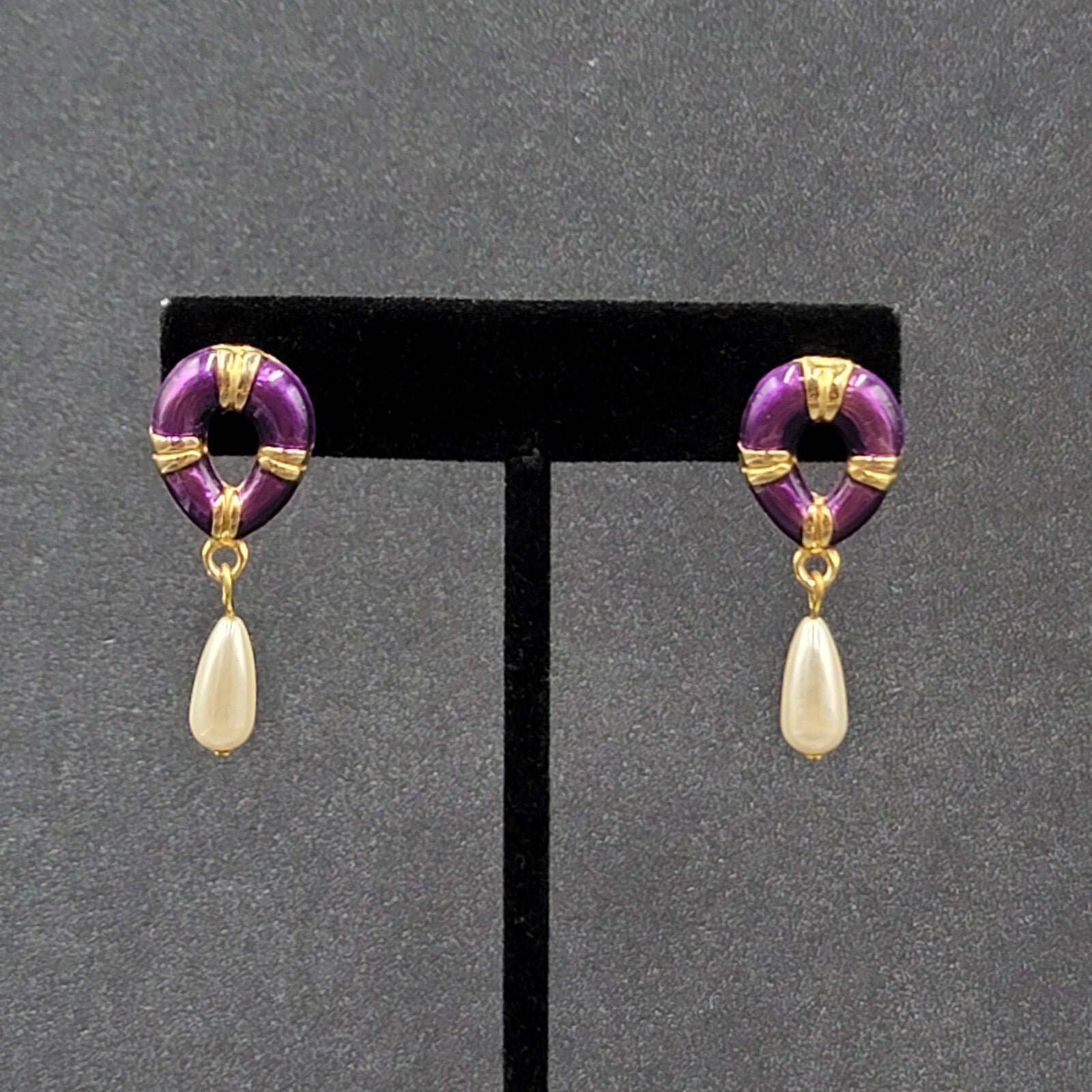 Vintage Pierced Earrings Purple Enamel Faux Pearl Teardrop Signed Dangle 1 3/8"