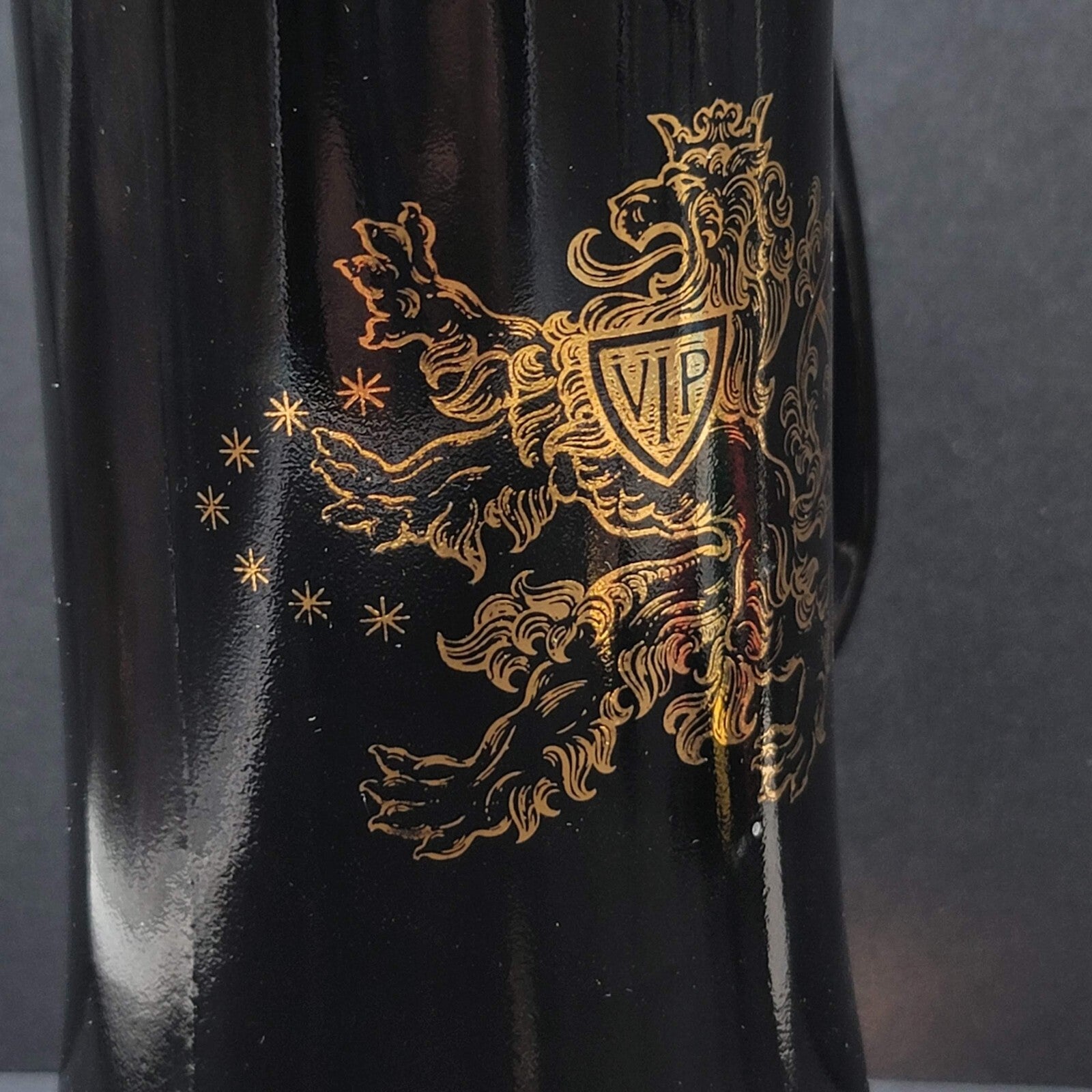 Black and Copper Colored Heavy Tall Beer Stein Glass Mug Lion VIP Three Crowns
