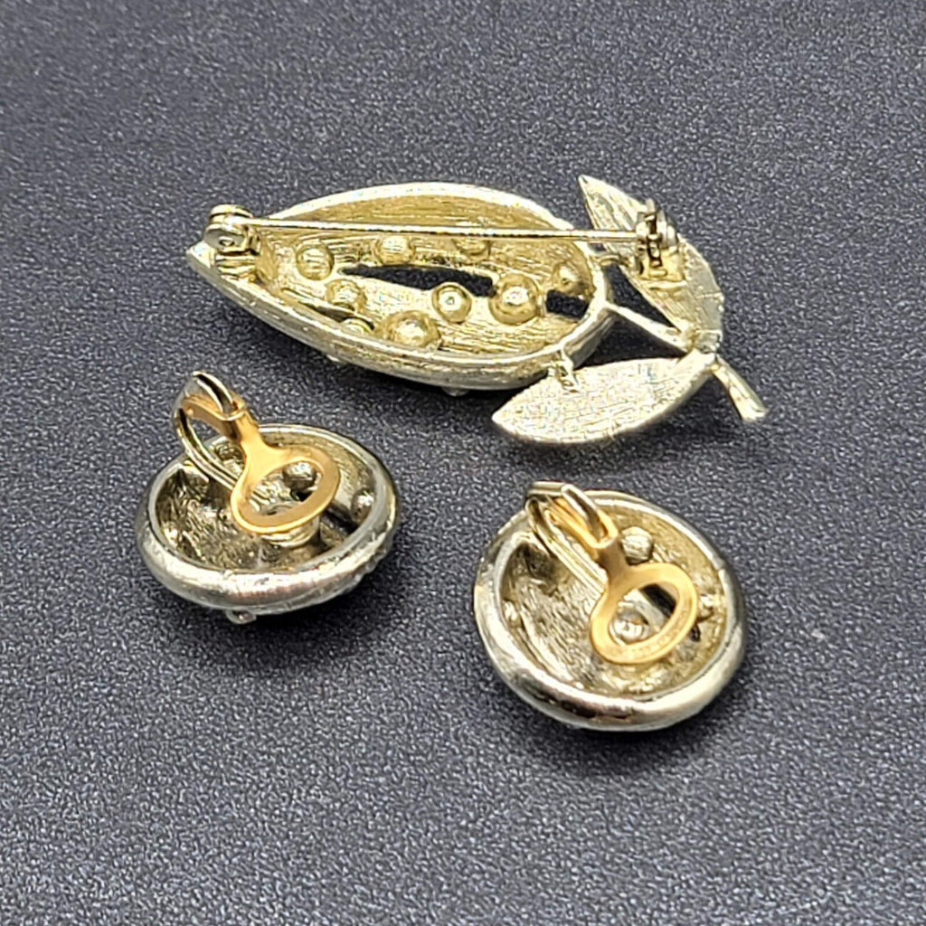 Vintage Flower Brooch Clip on Earrings Set Silver tone AB Rhinestone