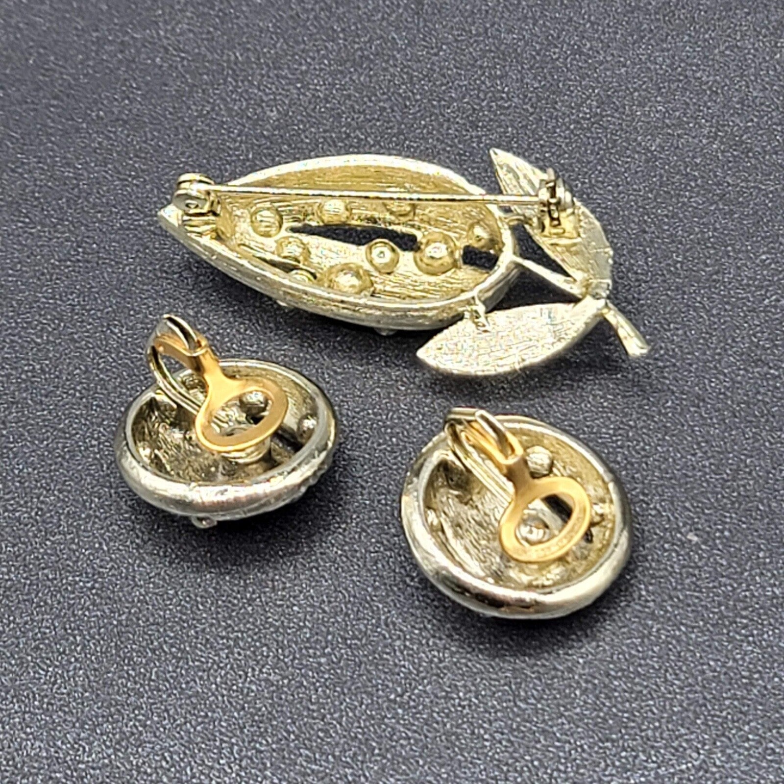 Vintage Flower Brooch Clip on Earrings Set Silver tone AB Rhinestone