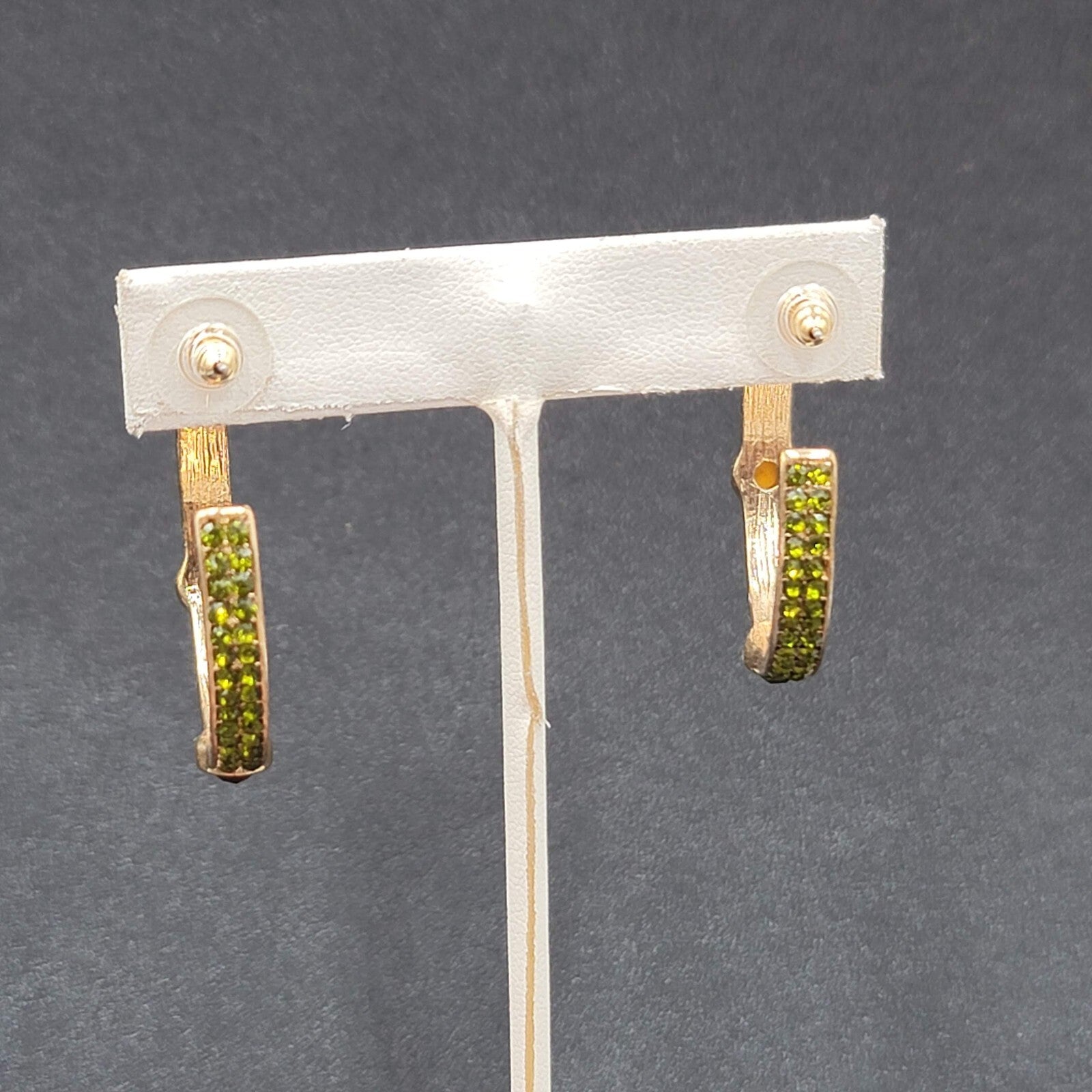Pierced Earrings Gold tone Green Rhinestone Hoops 1 3/8"