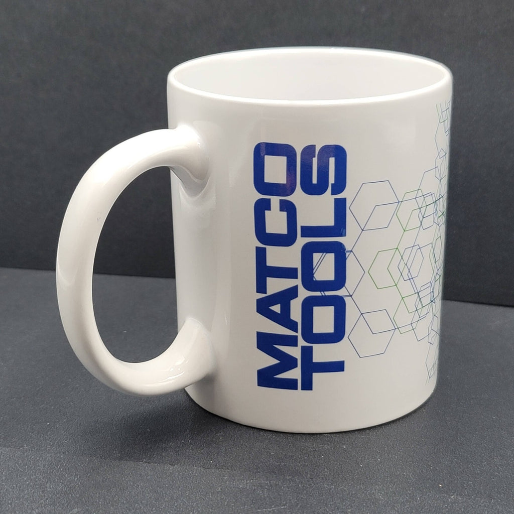 Matco Tools Vintage Ceramic Coffee Mug Cup White Blue Green Hex Design