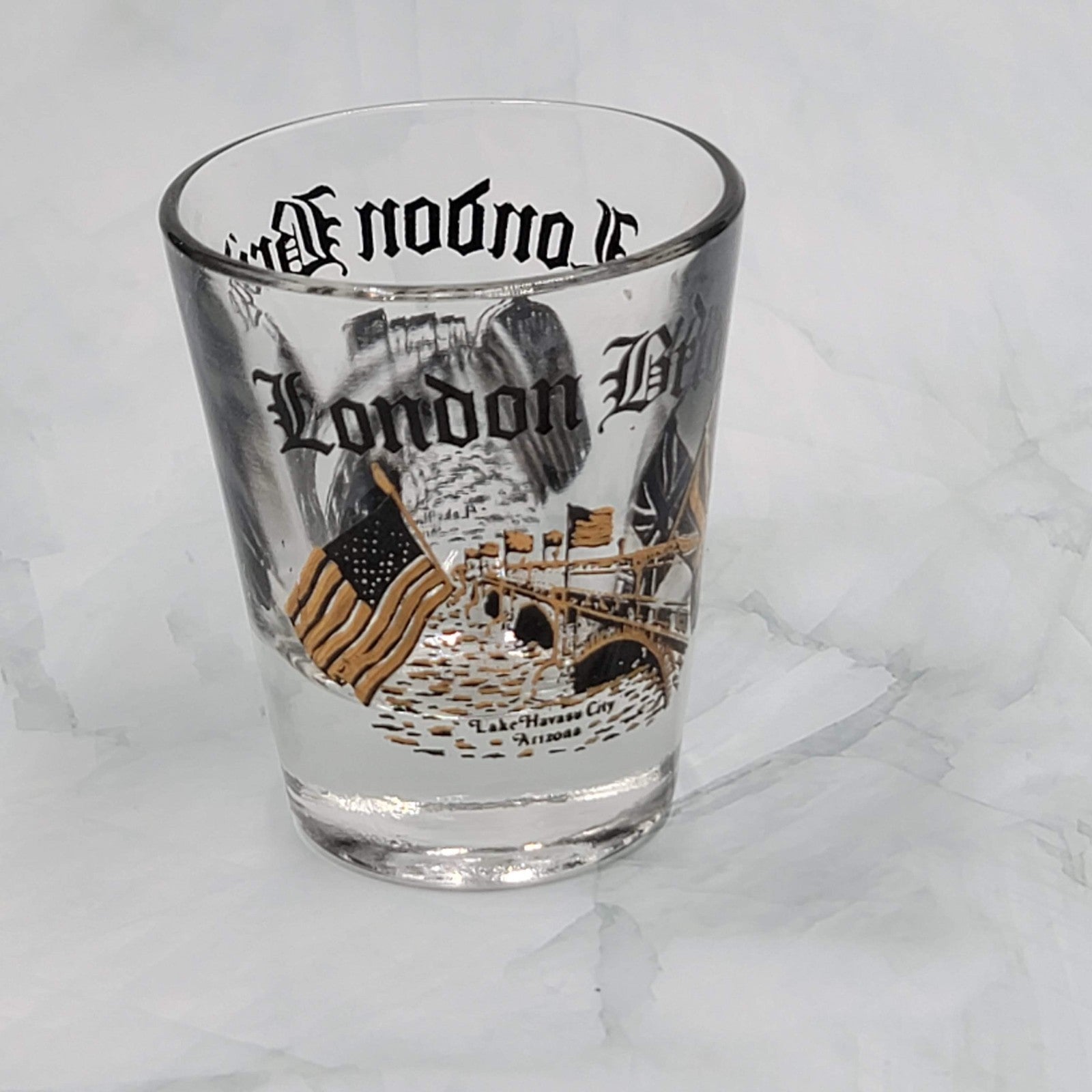 Vintage London Bridge Lake Havasu City AZ Shot Glass Black Gold Collectible