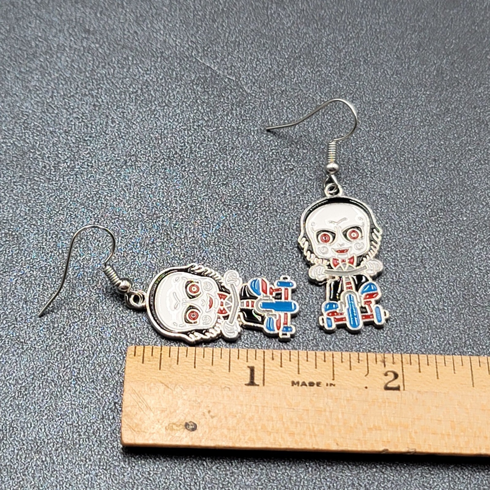Jigsaw Pierced Earrings Enamel Silver tone SAW Horror Movie Dangle 1.25" FS