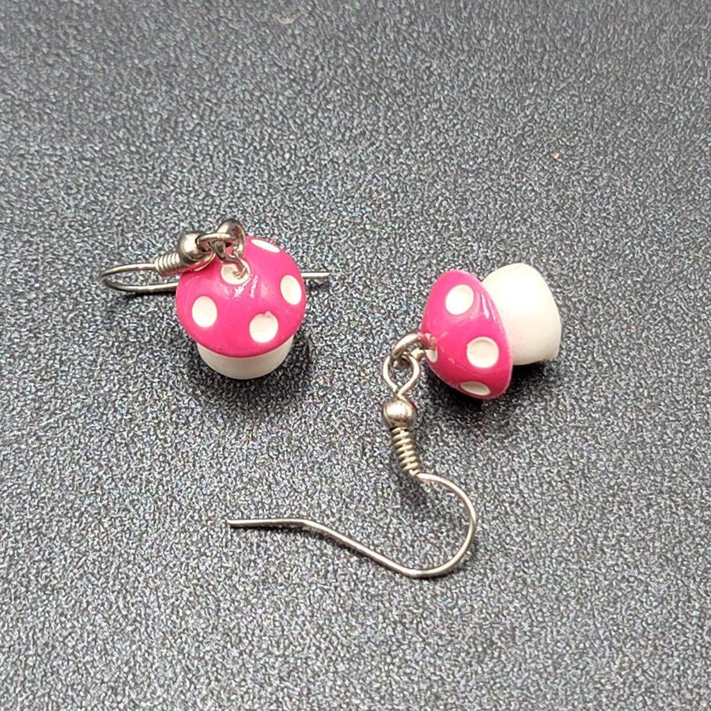 Pink Mushroom Pierced Earrings White Polka Dots Dangle 5/8"