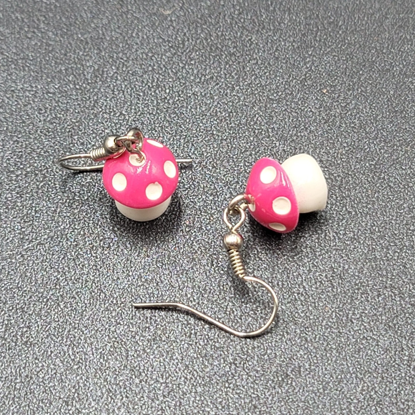 Pink Mushroom Pierced Earrings White Polka Dots Dangle 5/8"