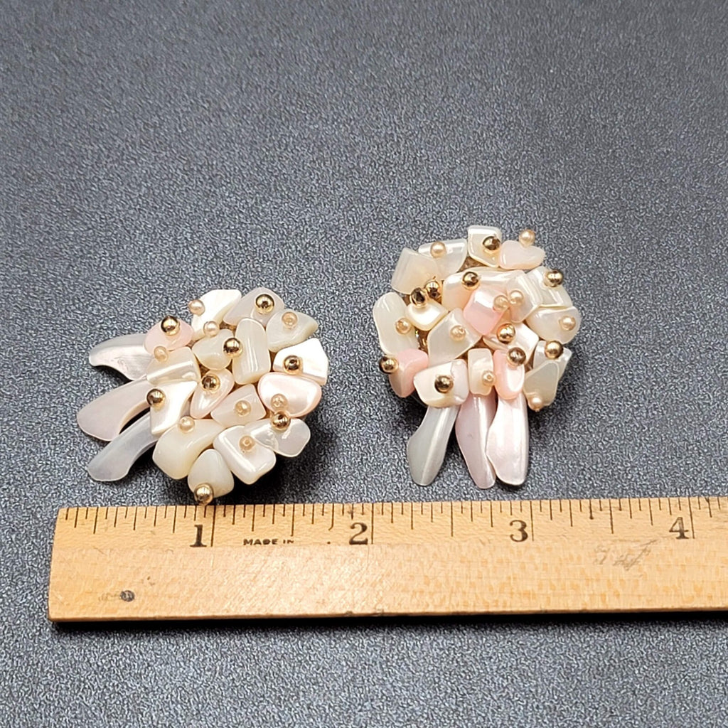 Vintage Clip on Earrings Large Statement Shell Climber Cluster Beads 1.75"