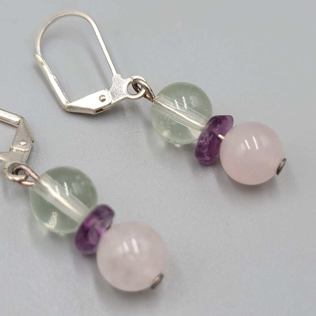 White and Pink Quartz Bead Pierced Earrings Silver tone Dangle Amethyst 7/8"