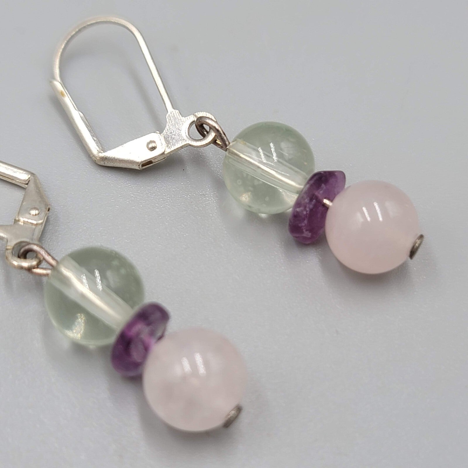 White and Pink Quartz Bead Pierced Earrings Silver tone Dangle Amethyst 7/8"
