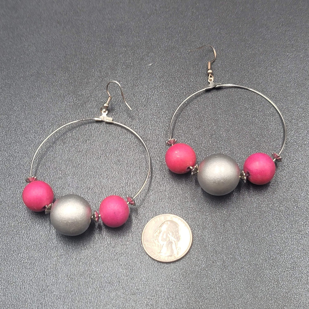 Pierced Earrings Large Silver tone Pink Silver tone Beaded Statement Hoops 2.5"