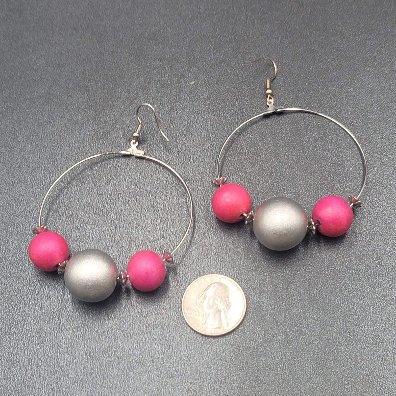 Pierced Earrings Large Silver tone Pink Silver tone Beaded Statement Hoops 2.5"
