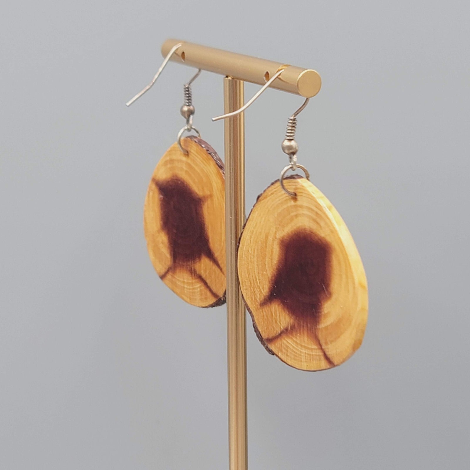 Live Edge Wood Round Pierced Earrings Clear Finish Dangle  1.5"