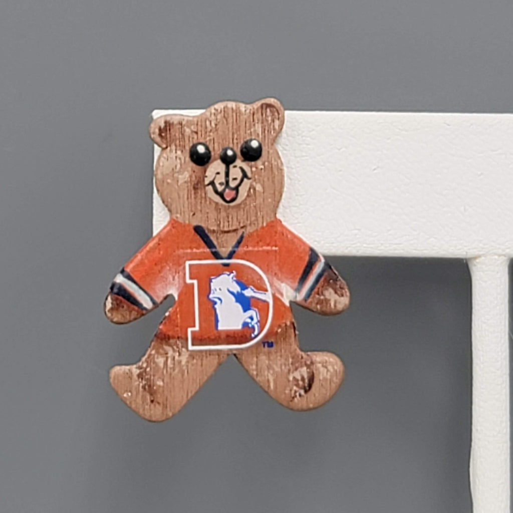 Vintage Hand Painted Denver Broncos Pierced Earrings Wood Teddy Bear 1 1/8"