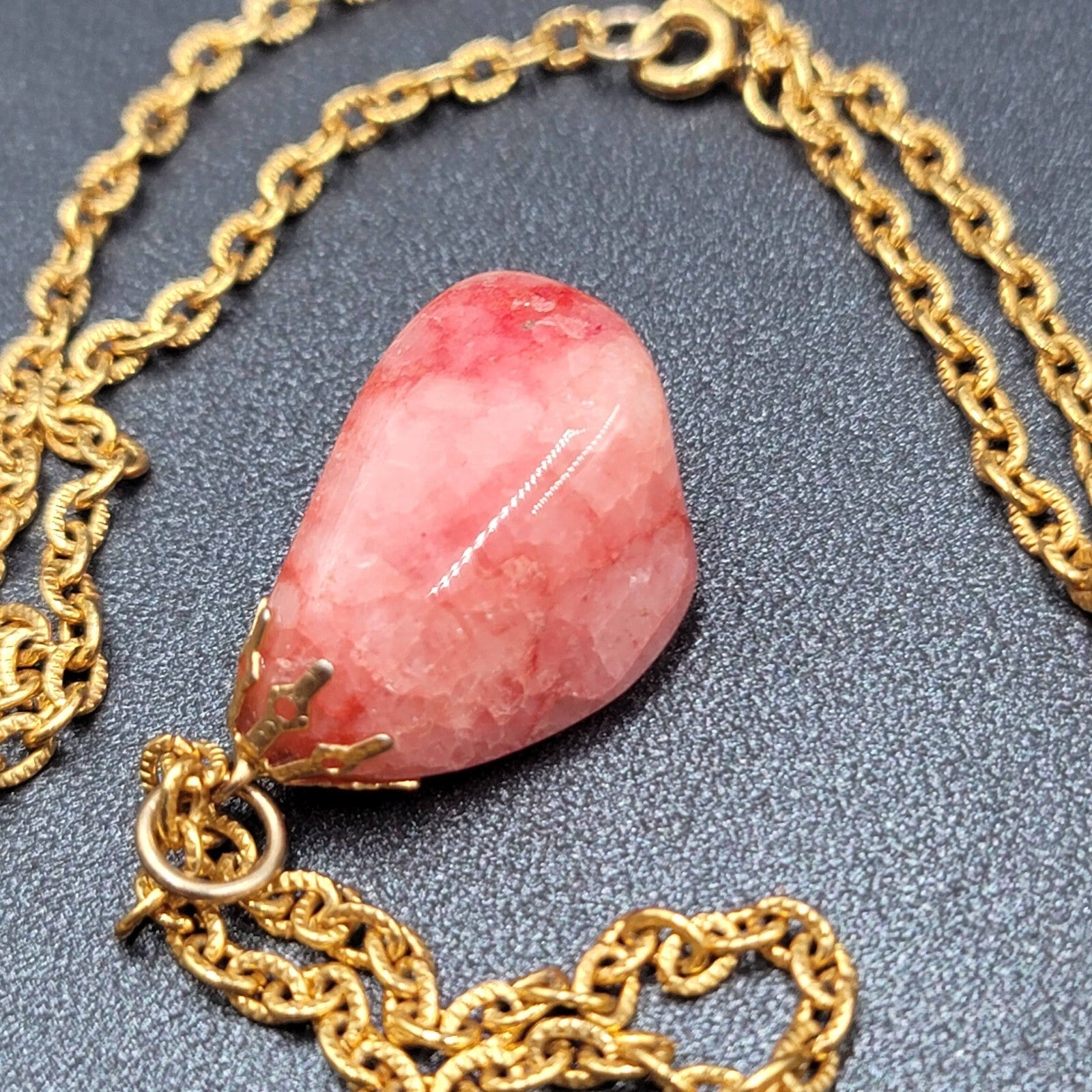 Vintage Agate Stone Gold Tone Chain Polished 3 Pink Brown Yellow Pendants 24"
