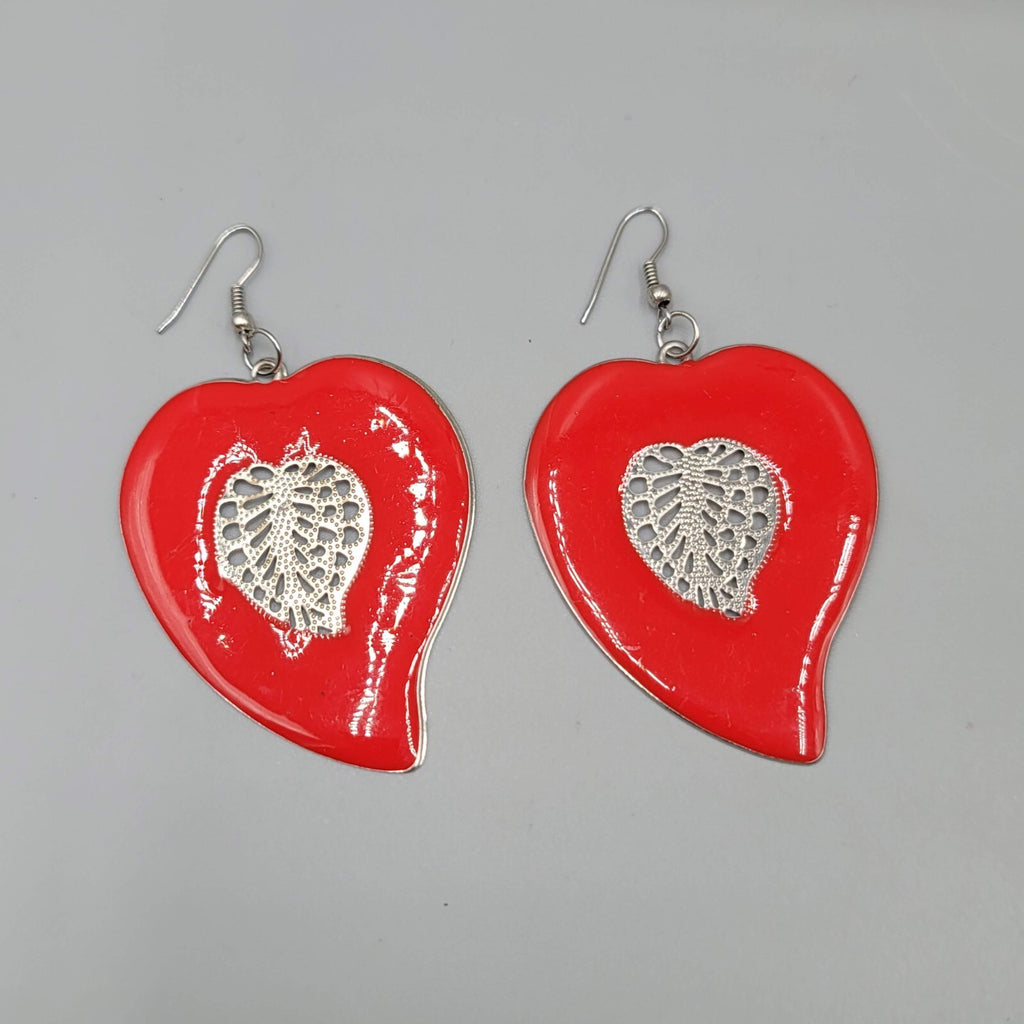 Large Statement Pierced Earrings Red Enamel Silver tone Filigree Dangle 2.25"