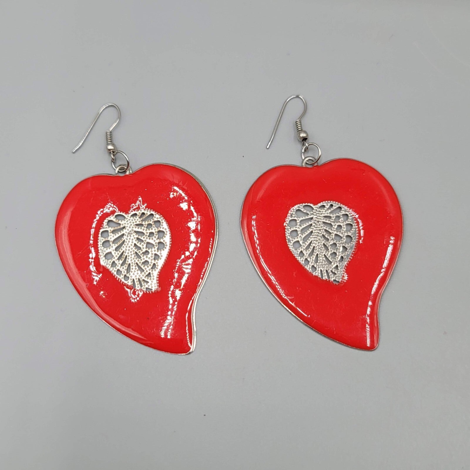 Large Statement Pierced Earrings Red Enamel Silver tone Filigree Dangle 2.25"
