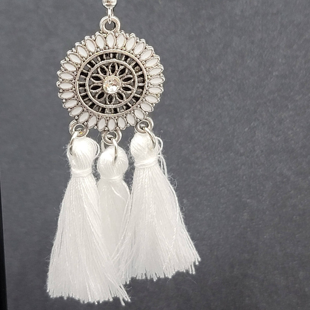Pierced Earrings Silver tone Enamel Medallion Round Dangle White Tassel 2.5"