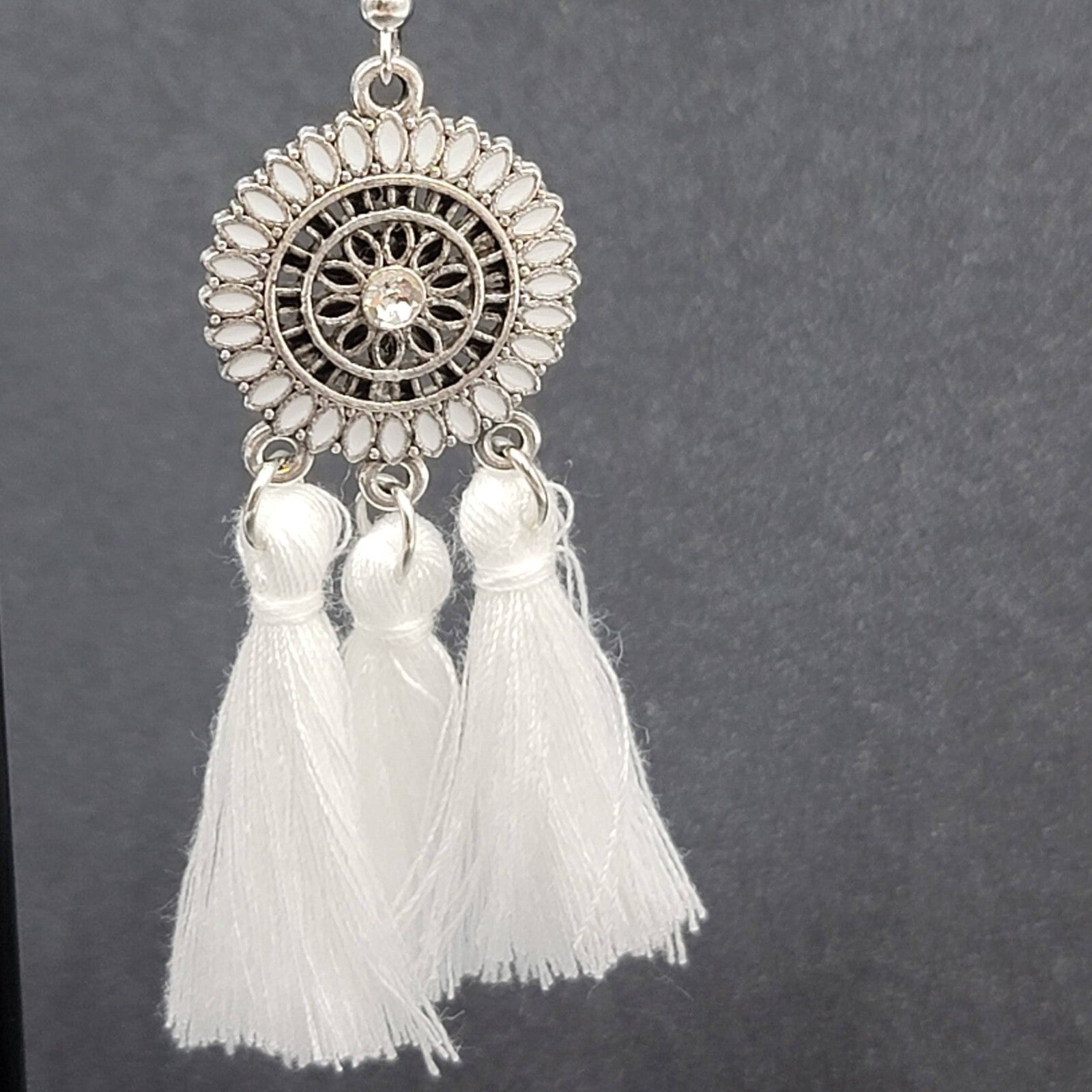Pierced Earrings Silver tone Enamel Medallion Round Dangle White Tassel 2.5"