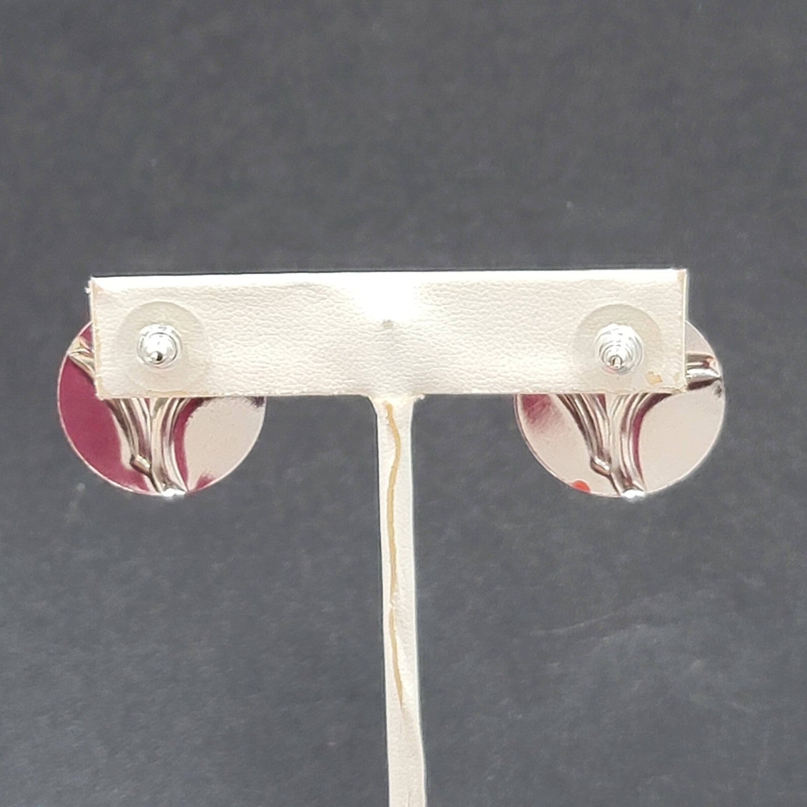 Vintage Pierced Earrings Silver tone White Red Enamel Disc Studs 7/8"