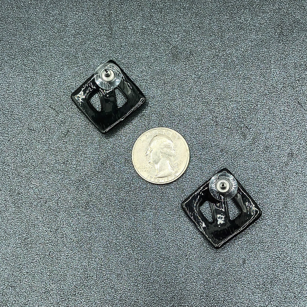 Vintage Pierced Earrings White Black Enamel Open Square Drop 1 3/8"