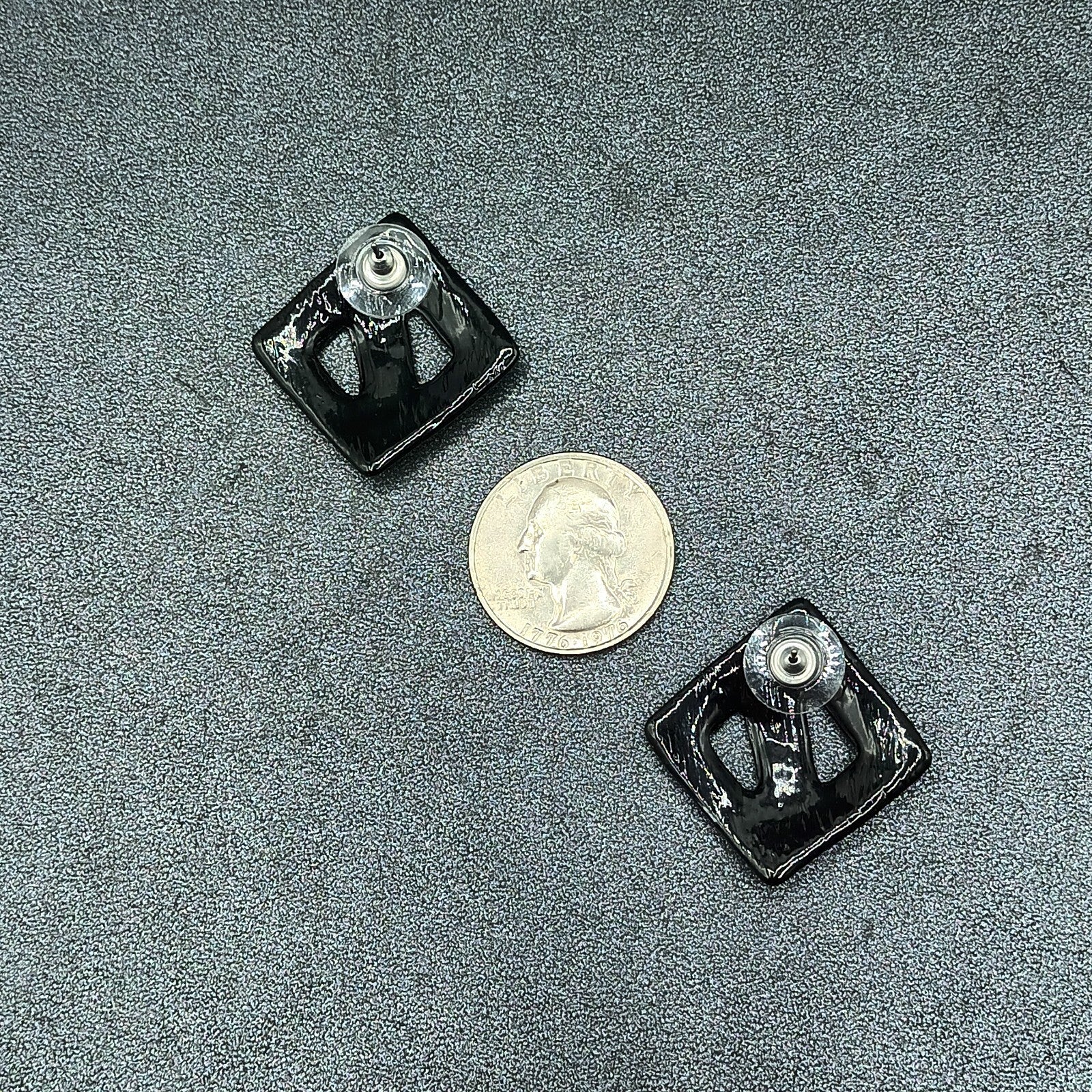 Vintage Pierced Earrings White Black Enamel Open Square Drop 1 3/8"
