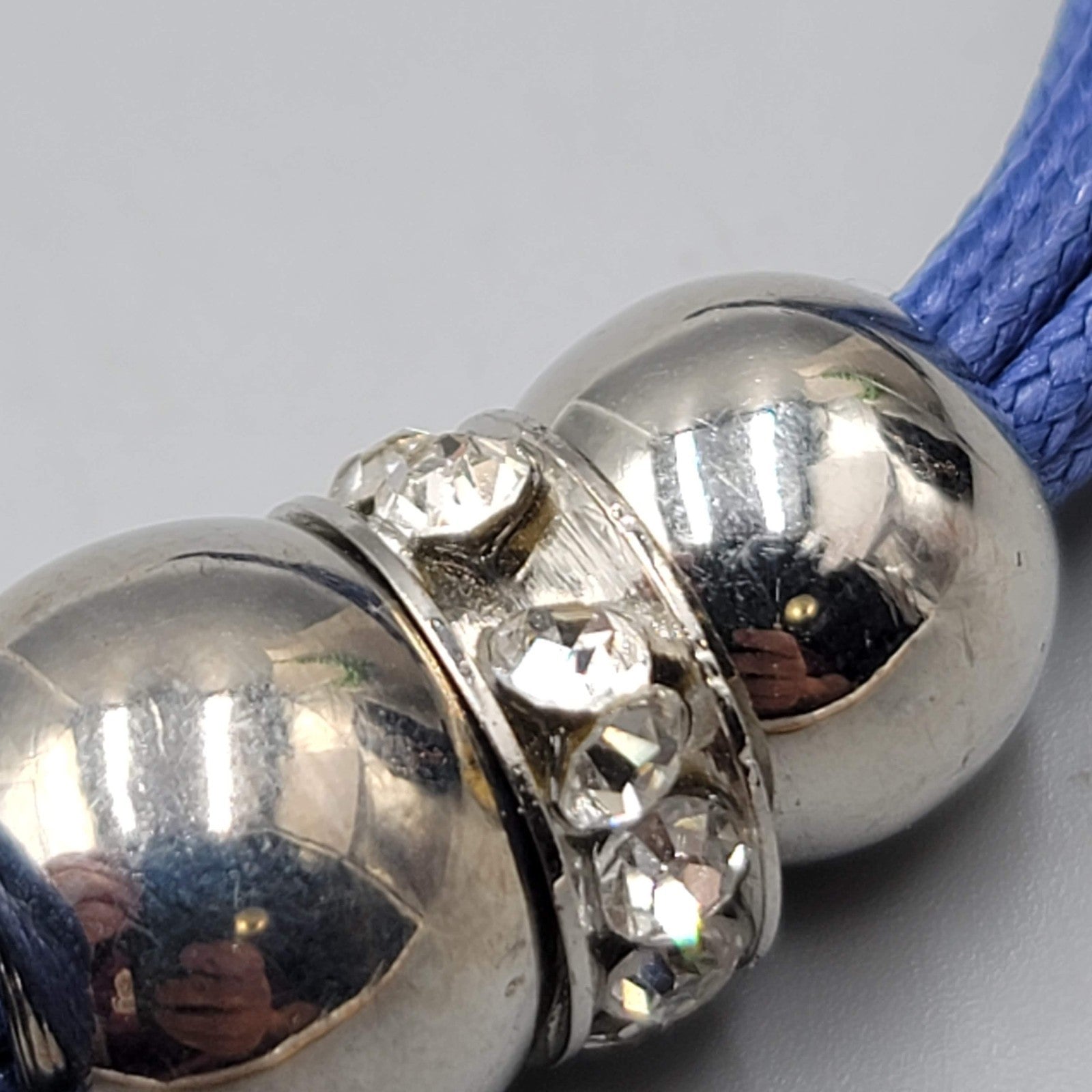 Long Necklace Blue Cord Silver tone Rhinestones 28"