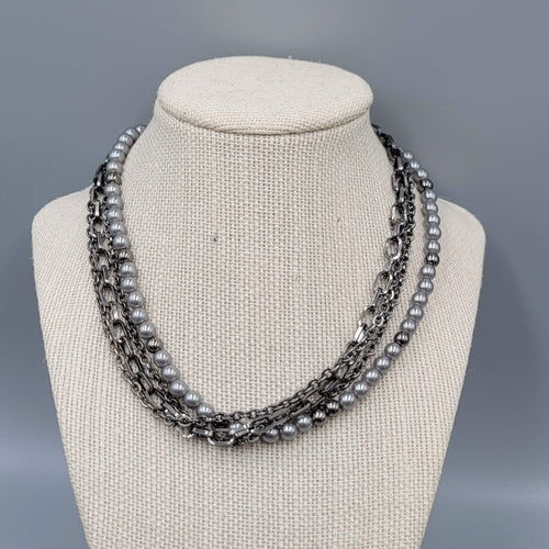 Black Metal Chains Gray Faux Pearl Necklace  Multi Strand 16"-19"