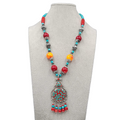 Statement Bead Necklace Red Yellow Blue Silver tone Unique Unusual 22"