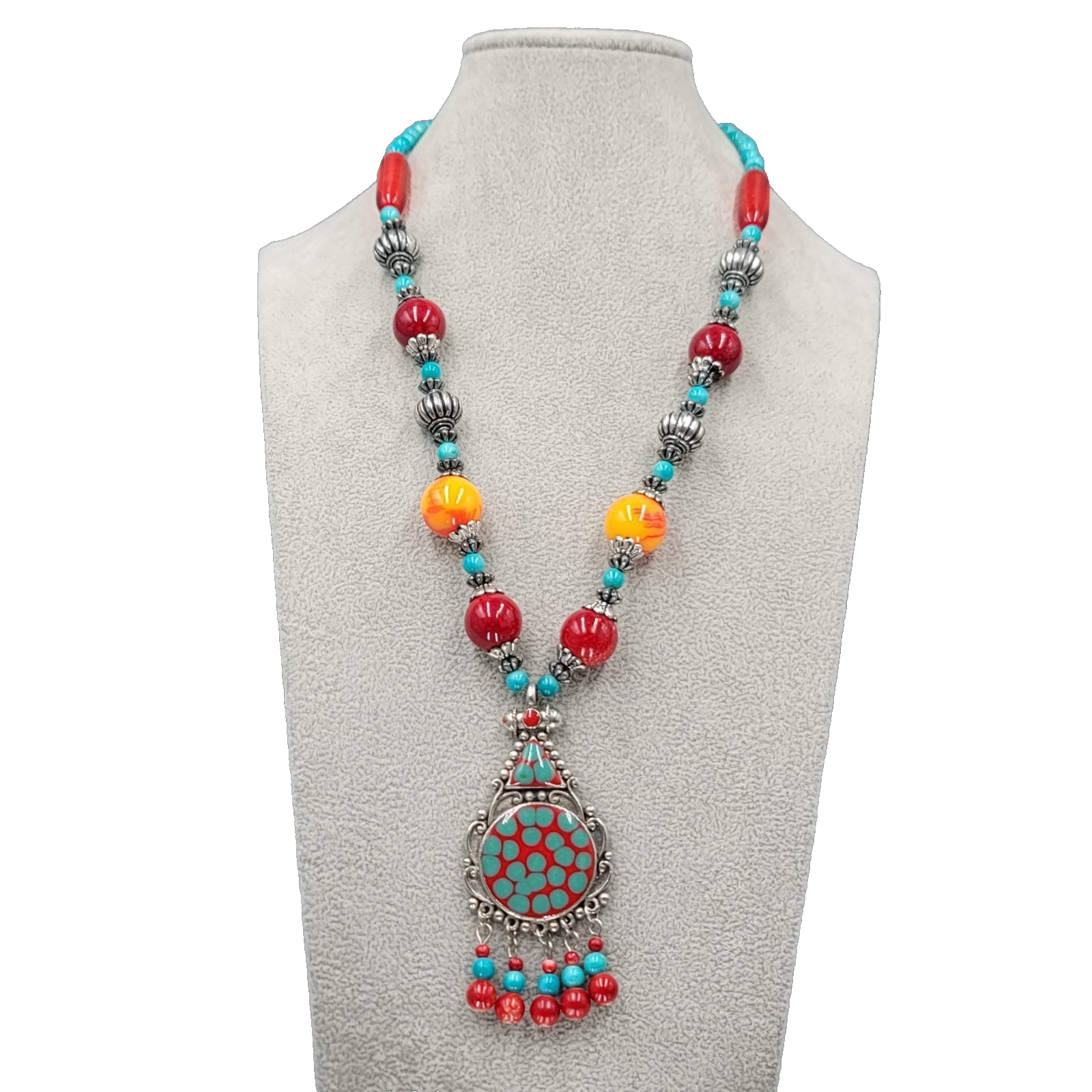 Statement Bead Necklace Red Yellow Blue Silver tone Unique Unusual 22"