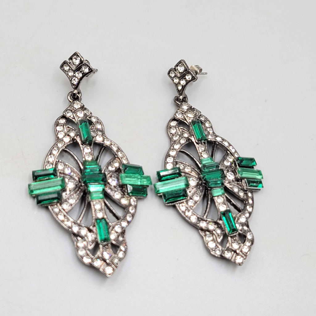Large Statement Pierced Earrings Black Metal Green Rhinestone Dangle 2.75 in