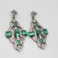 Large Statement Pierced Earrings Black Metal Green Rhinestone Dangle 2.75 in