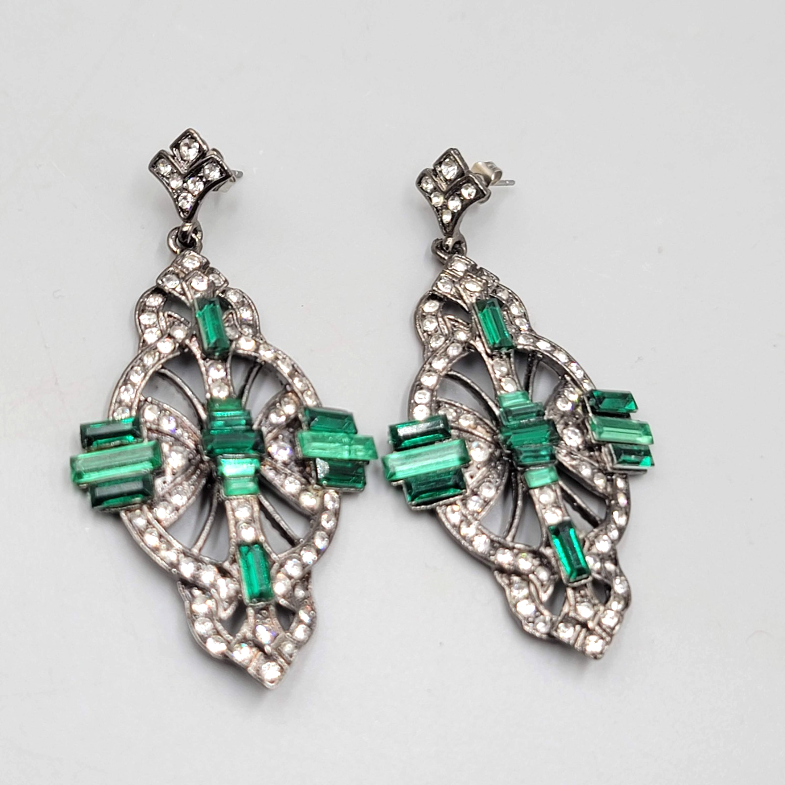 Large Statement Pierced Earrings Black Metal Green Rhinestone Dangle 2.75 in