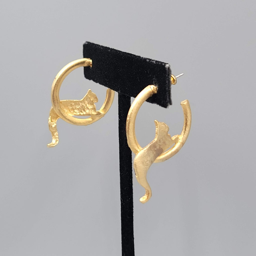 Vintage Kitty Cat Hoop Pierced Earrings Gold Plated 1"