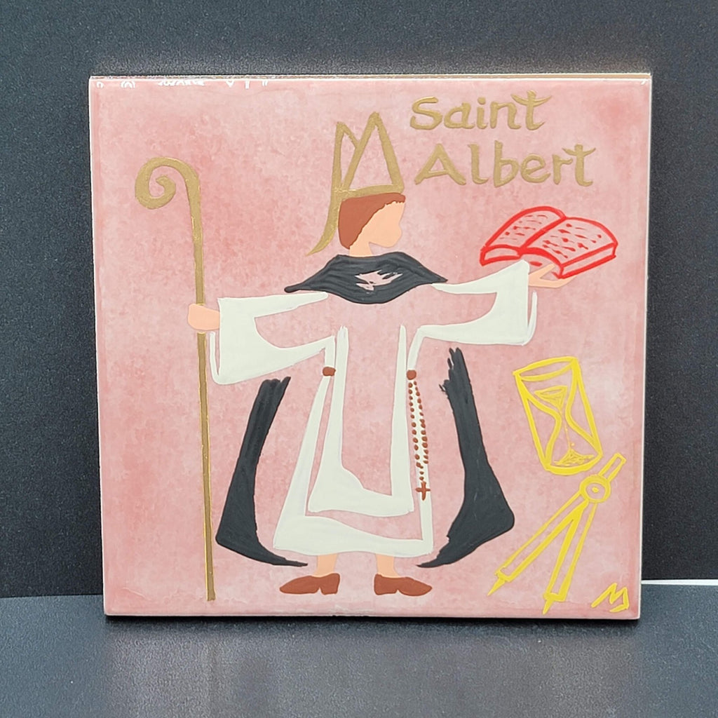 Saint Albert Tile Wall Decore French Hand Painted Saint of Sciences 5.75"