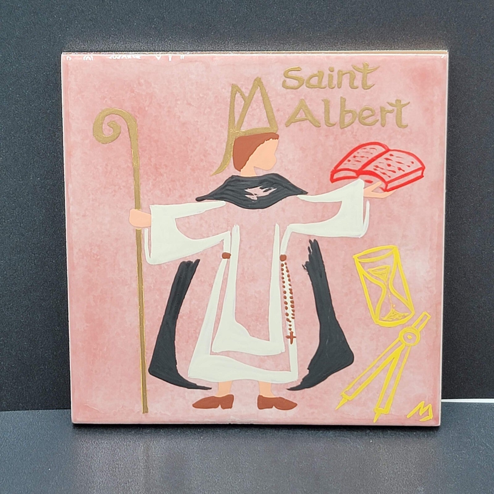 Saint Albert Tile Wall Decore French Hand Painted Saint of Sciences 5.75"